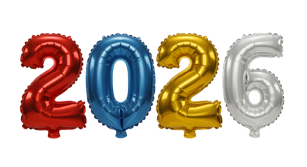 Red, blue, gold, and silver foil number balloons forming 2026 for New Year celebrations or milestone events