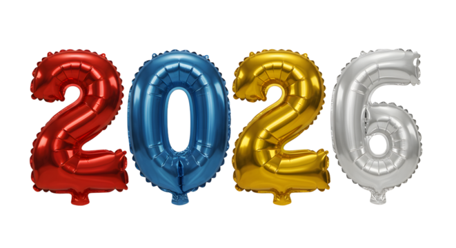 Red, blue, gold, and silver foil number balloons forming 2026 for New Year celebrations or milestone events