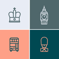 Collection of British Icons Crown, Clock Tower, Double Decker Bus, and Guard