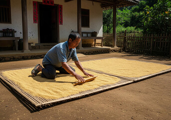 An elderly Asian farmer carefully spreads harvested grains on a large woven mat to dry naturally in the sunlight outside his rural home