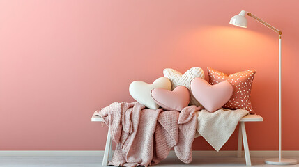 A small bench layered with blankets in tones of rose and ivory, paired with oversized heart pillows and a standing lamp illuminating from the side, against a solid pastel pink background,