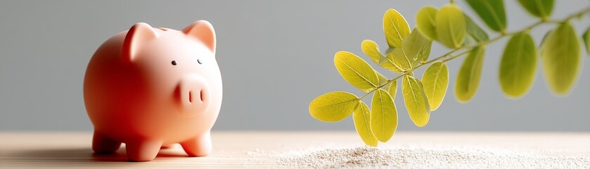 Micro Loans and Their Impact on Communities, Pink piggy bank beside a green plant on a wooden surface, symbolizing savings and growth.