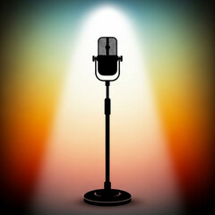 A vintage microphone stands silhouetted on a stage bathed in a bright spotlight with colorful backdrop created with generative ai