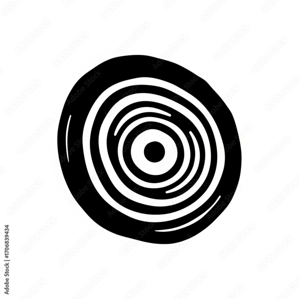 Poster a stylized black and white illustration of a circular object with concentric rings and a central dot