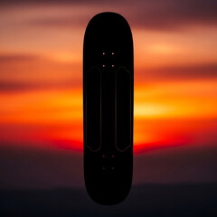Silhouette of a skateboard against a vibrant sunset sky with orange and red hues in the background view created with generative ai