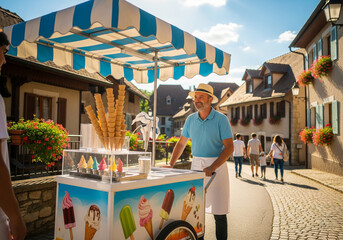 Friendly street food vendor serving delicious ice cream from a traditional cart in a charming European town during summer