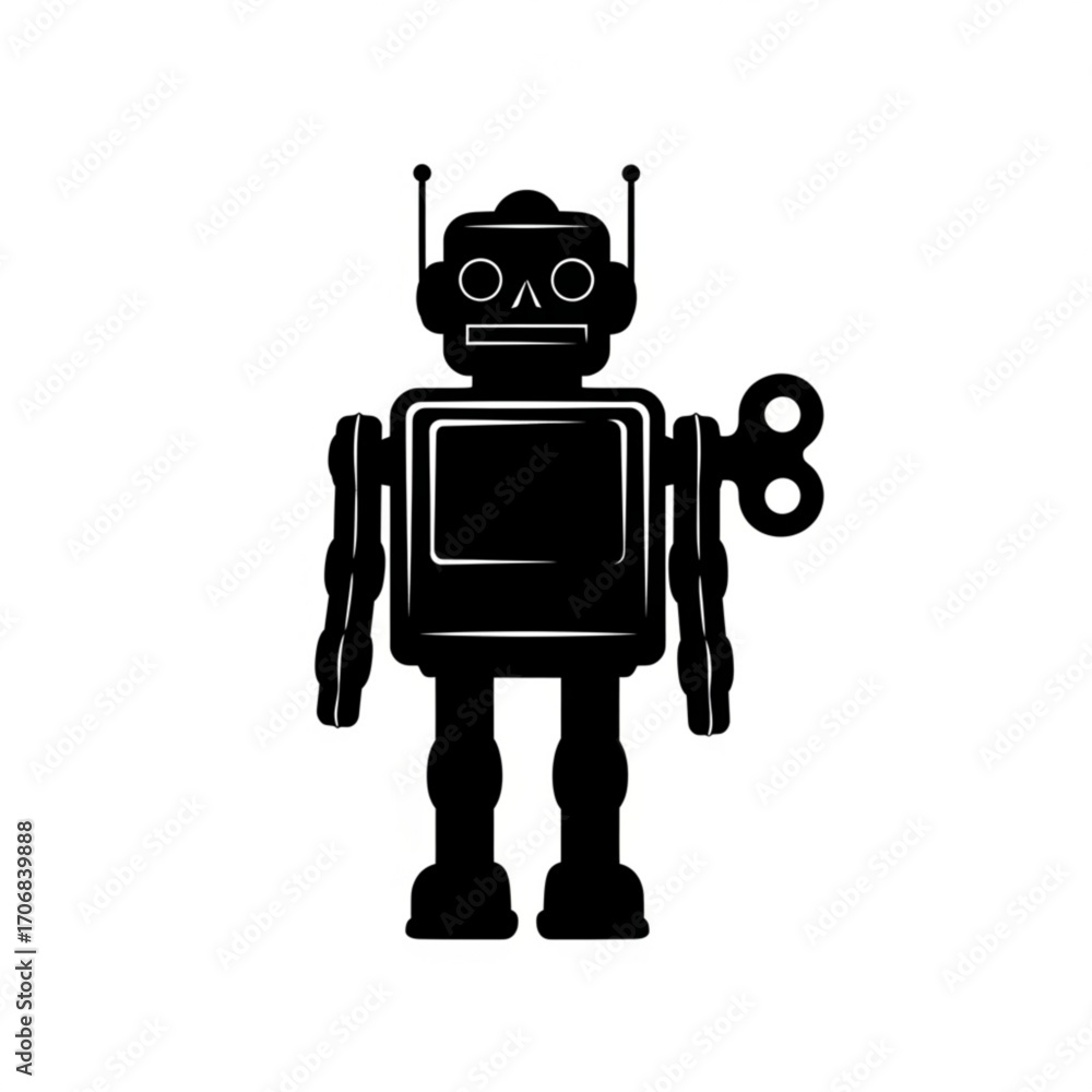 Poster Silhouette of a vintage toy robot with a wind up key and antenna standing against a white background created with generative ai