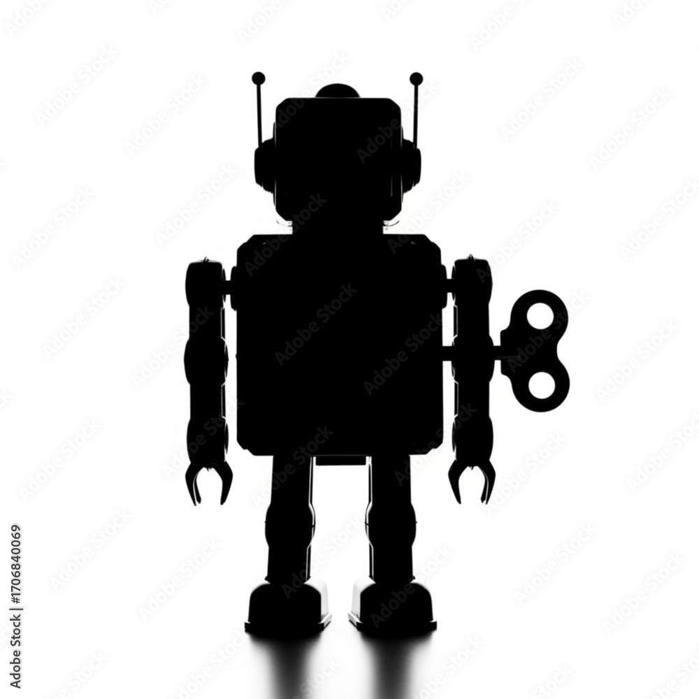 Poster silhouette of a vintage toy robot with wind up key and antenna against a bright white background cre