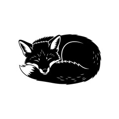 Illustration of a curled up fox sleeping peacefully in black and white with a bushy tail and closed eyes created with generative ai