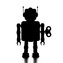 Silhouette of a vintage toy robot with wind up key and antenna against a bright white background created with generative ai