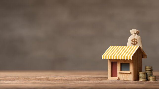 Micro Loans and Their Impact on Communities, Miniature house with a money bag symbolizes finance and investment concepts.
