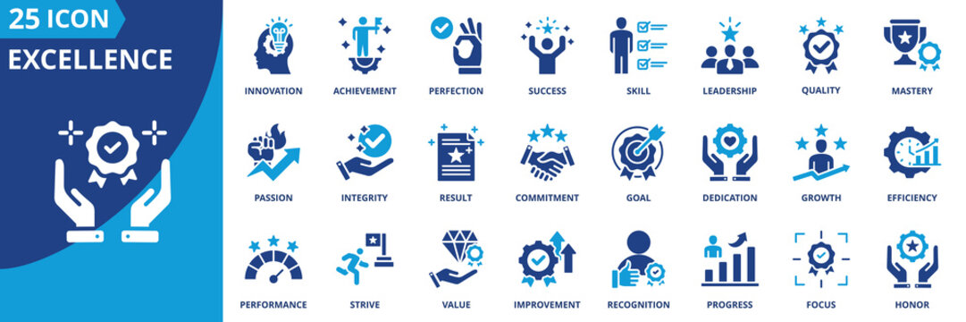 Excellence icon set collection in flat style. Icon pack contains quality, perfection, achievement, success, mastery, skill, innovation, leadership, integrity, commitment, dedication, growth