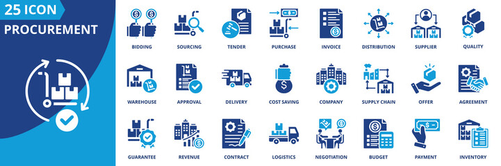 Procurement icon set collection in flat style. Icon pack contains purchase, supplier, contract, sourcing, invoice, tender, bidding, negotiation, supply chain, delivery, logistics, inventory