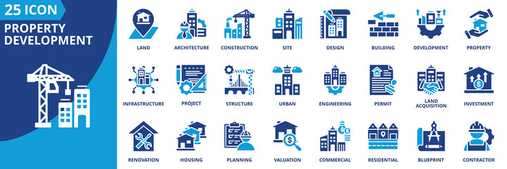 Property development icon set collection in flat style. Icon pack contains construction, building, architecture, design, land, site, permit, project, engineering, investment, infrastructure