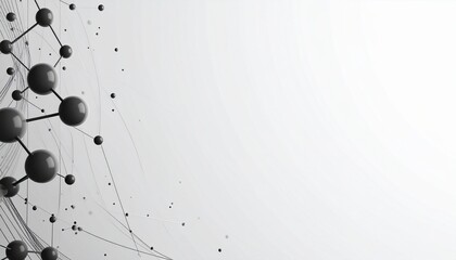 White minimalist background with physics motion lines and atomic models in dark gray tones on the left, spacious right side for text content