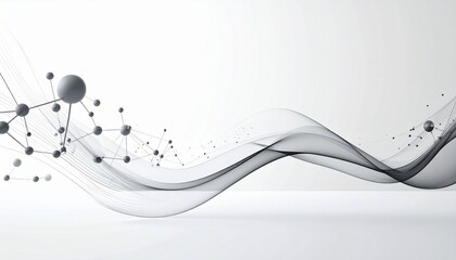 White minimalist background with physics motion lines and atomic models in dark gray tones on the left, spacious right side for text content