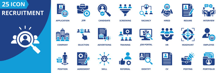 Recruitment icon set collection in flat style. Icon pack contains hiring, candidate, interview, resume, vacancy, application, job, position, screening, selection, employee, hr, cv, headhunt