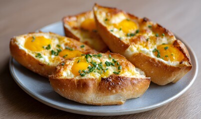 Boat-shaped cheese-filled breads topped with golden egg yolks and melted butter portions.