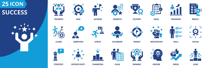 Success icon set collection in flat style. Icon pack contains goal, achieve, win, growth, progress, victory, result, triumph, target, reward, celebrate, motivation, strive, climb, lead, inspire