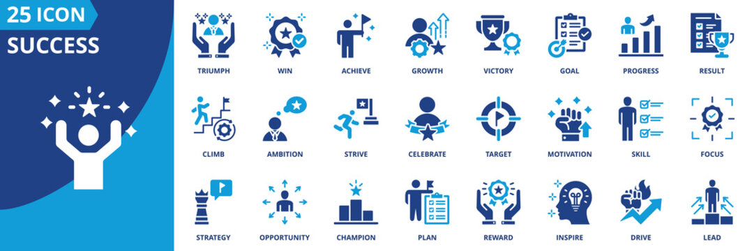 Success icon set collection in flat style. Icon pack contains goal, achieve, win, growth, progress, victory, result, triumph, target, reward, celebrate, motivation, strive, climb, lead, inspire