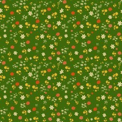 Floral Meadow Pattern on Green: Small Blooms Seamless Texture
