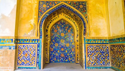 Ornate tiled archway in aged building, vibrant colors and intricate floral patterns
