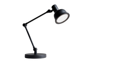 A modern black adjustable desk lamp with a flexible arm and round head isolated on transparent background