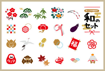 レトロな手描きの和風縁起物イラストセット。年賀状・正月・和柄/和風背景素材