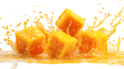 Cubes of ripe mango with splash effect on white background.