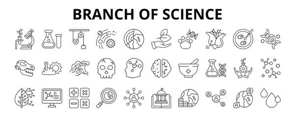 30 Branch of Science Line Icons Vector - Chemistry, Ecology, Botany, Meteorology, Anthropology, Biotechnology, Statistics, Sociology, Economics