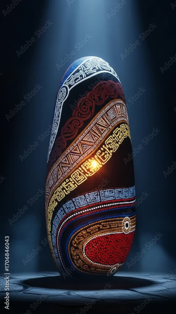Poster abstract patterned ovoid object with intricate designs and ornate details on dark blue background wi