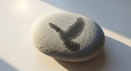 Hand painted dove illustration on smooth beach stone with soft shadow.