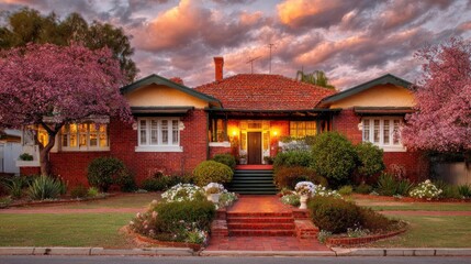 Obraz premium Victorian home at sunset, adorned with blossoms