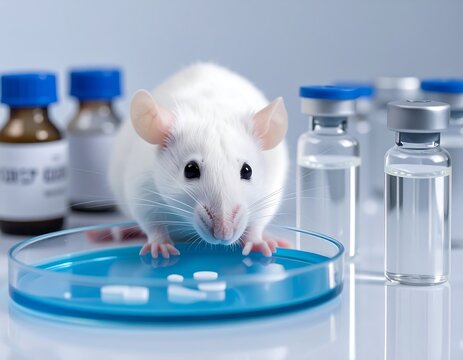 White lab rat on petri dish with medication vials