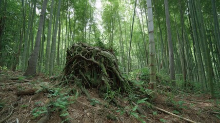 Lush bamboo forest, tangled roots