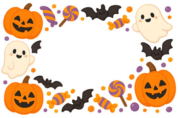 Cute Halloween frame with pumpkins ghosts bats and candy in playful cartoon style