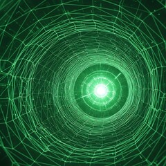 Fototapeta premium A vibrant, deep green tunnel with a network of interconnected lines radiates light from the center.