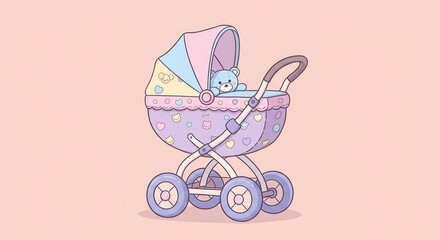 Pastel-colored baby stroller with a teddy bear, set against a soft, peachy background.