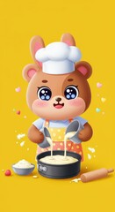 A cute cartoon bear wearing a chef's hat is preparing a cake, pouring batter into a baking tin against a bright yellow background.