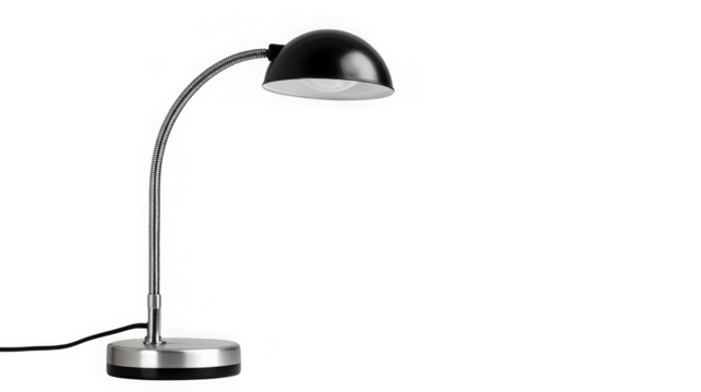 Modern adjustable gooseneck desk lamp with metal base and dome shade for office or study transparent background