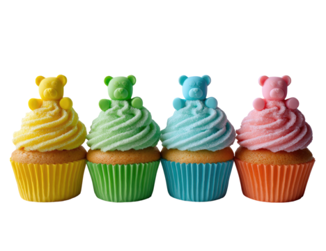 Four cupcakes, each a different pastel color, topped with a small teddy bear