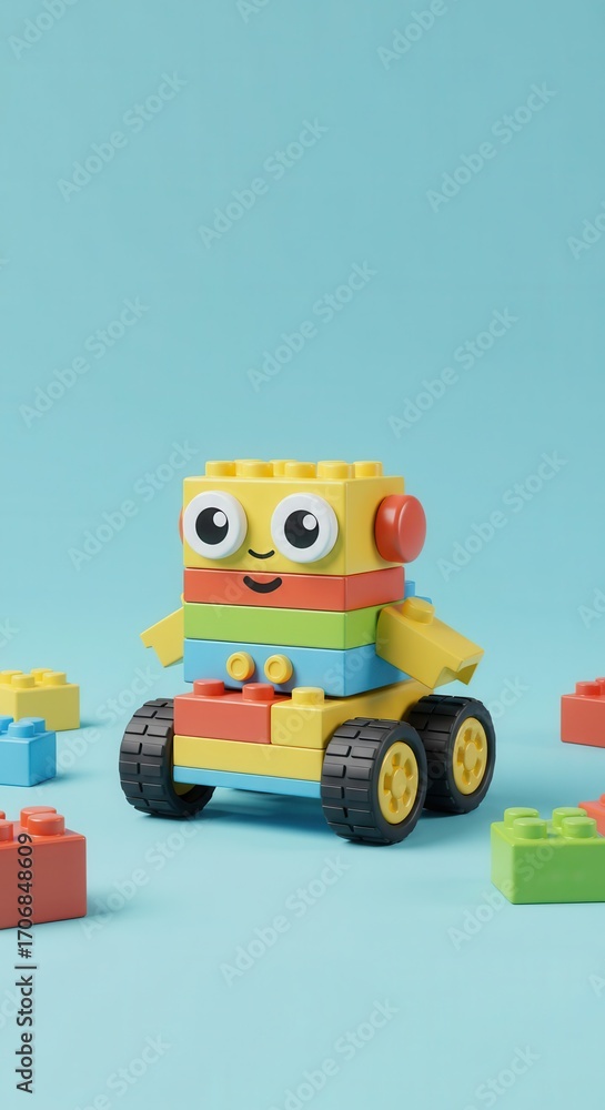 Poster playful robot constructed from colorful building blocks stands on a light teal background.