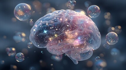 Visualization art depicting human thought processes as cosmic phenomena within a translucent brain,