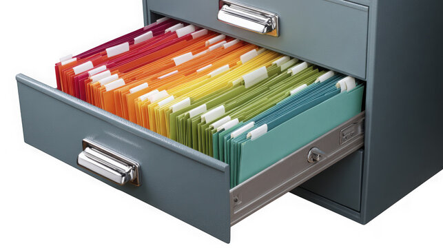 Organized colorful file folders in an open metal filing cabinet drawer transparent background