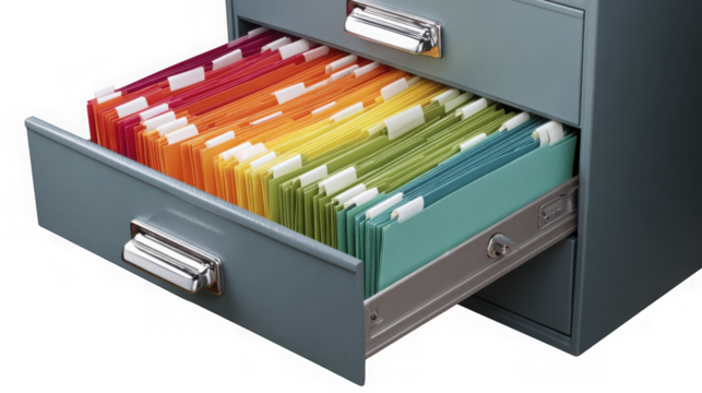 Organized colorful file folders in an open metal filing cabinet drawer transparent background