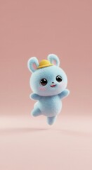 A light-blue plush rabbit, with a yellow hat, floats playfully against a soft, pale pink background.