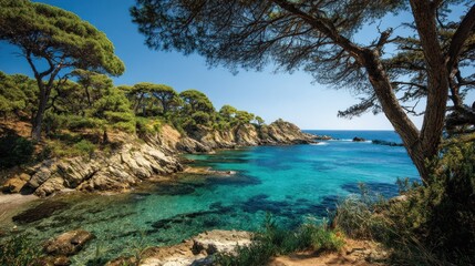 Fototapeta premium Coastal bay with pine trees and turquoise water