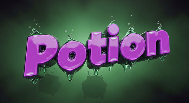 A 3D rendered text graphic with the word "Potion" in a glossy purple font, dripping with liquid, set against a dark green, smoky background.