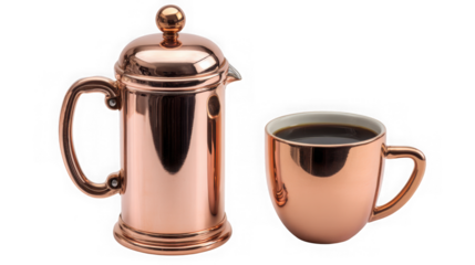 Shiny copper french press coffee maker and mug set for morning brews transparent background