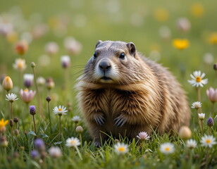 Fototapeta premium A groundhog standing in a wildflower meadow.